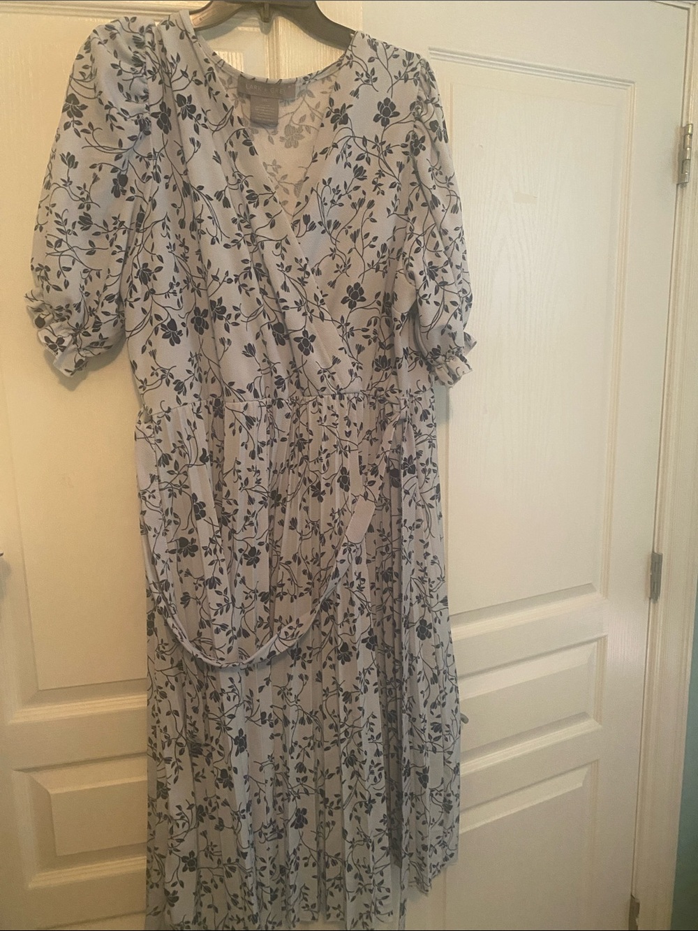 Floral Wrap Maxi Dress in Light Gray with Navy Vine Print